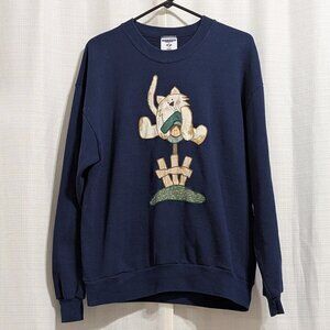 Vintage Jerzees Women's Embroidered Cat Sweater Navy size Large